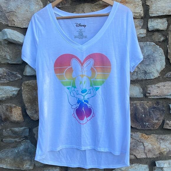 Disney Minnie Mouse rainbow heart white v-neck t-shirt size XXL - Picture 5 of 6
